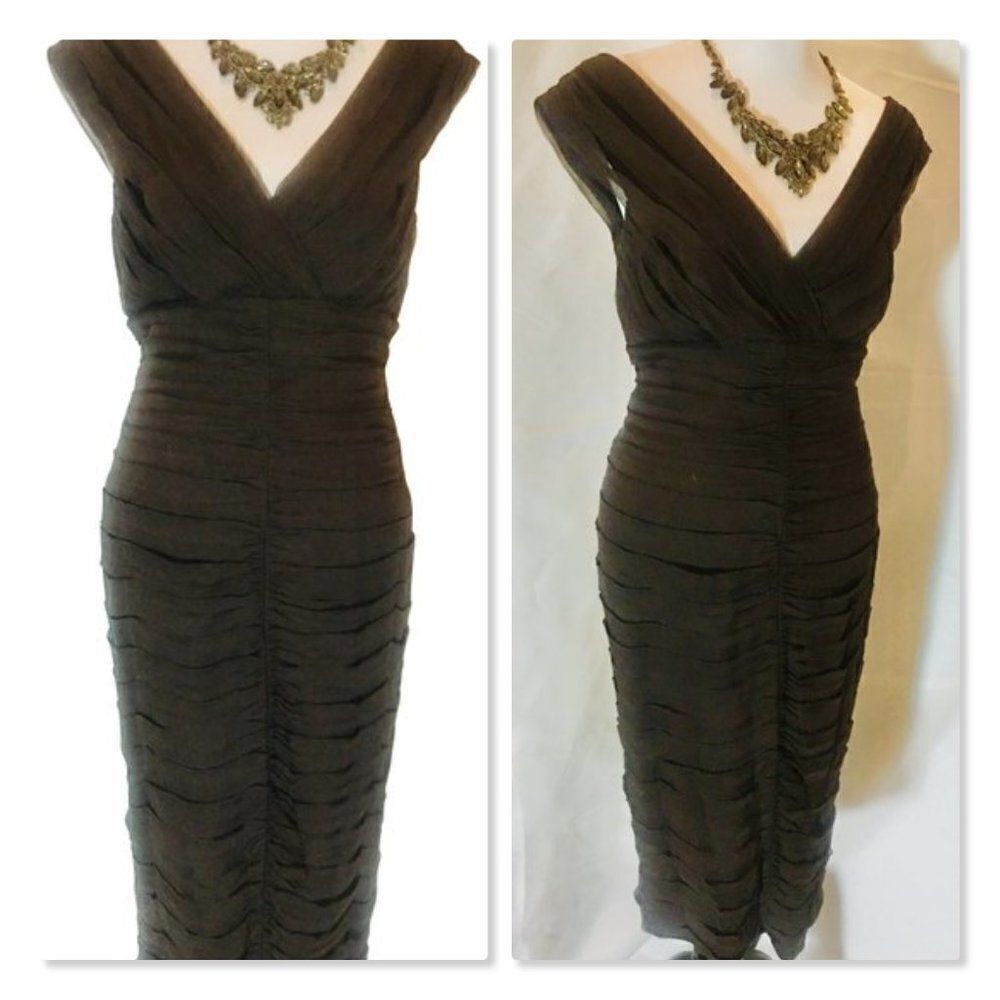 Tadashi 100% Silk Chiffon Tiered Ruffle Detail Dress size 10 in Brown